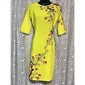 Vietnamese Ao Dai Traditional Dress 100% Silk Cherry Blossom Yellow